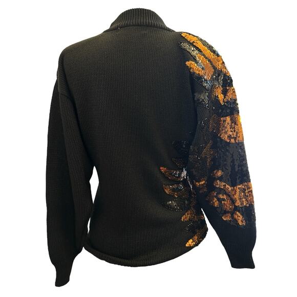 Vintage Black Wool Blend Sequin Sweater Medium Glam Animal Leaf Party Pullover - Picture 12 of 12